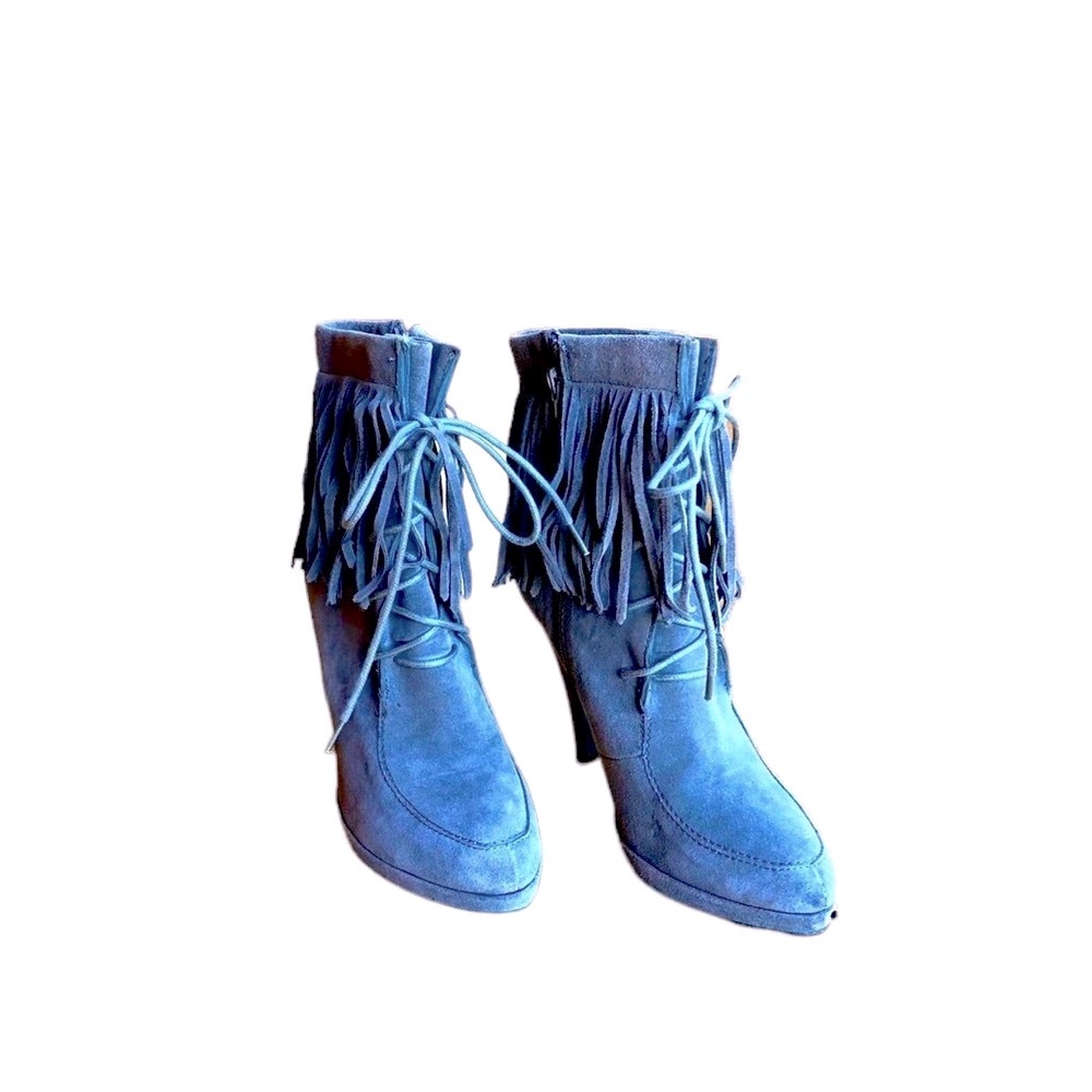 Dove Gray Suede Fringe Lace Up Ankle Stiletto Boots Trendy Western Cowgirl - Picture 3 of 5